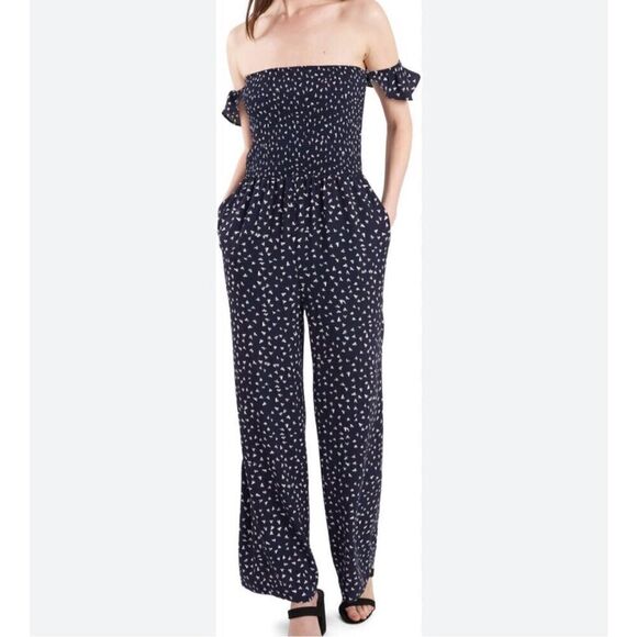 1 State navy dotted smocked waist jumpsuit ruffle sleeve large - Picture 1 of 12